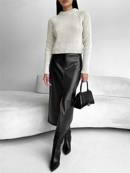 Leather Skirt High Waist Women Front Slit Spring Autumn Long Skirt High Waisted Office Lady Slim Skirts Elegant Ropa De Mujer