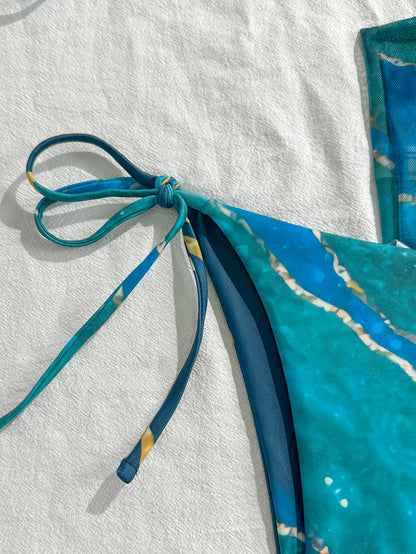 Women's Three-Piece Swimsuit Set, Blue Marble Print, Sexy Bikini with Tie-Up Triangle Top, Tie-Up Briefs, Mesh Skirt, Wrap Skirt, Beach Swimwear