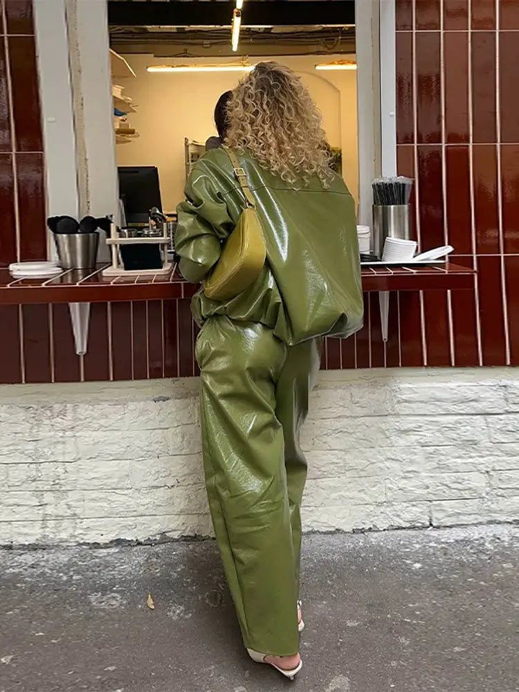 PU Leather Strapless Dresses Coat Women's Two Pieces Set Vintage Stand Jackets Long Straight Skirts 2025 Autumn Street Outfits