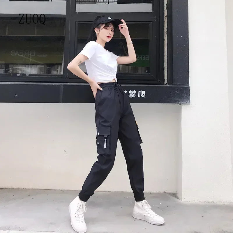 Hot Big Pockets Cargo Pants Women High Waist Loose Streetwear Baggy Tactical Trouser Fashion Hip Hop Joggers Trousers Female