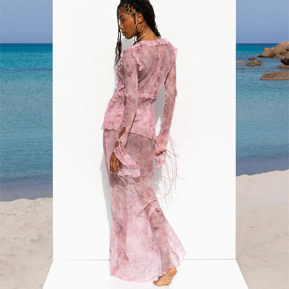 Hirigin Chic Women 2 Piece Long Skirt Sets Sexy Floral Crop Cami Top Low Waist Bodycon Ruffle Maxi Skirt Summer Beachwear