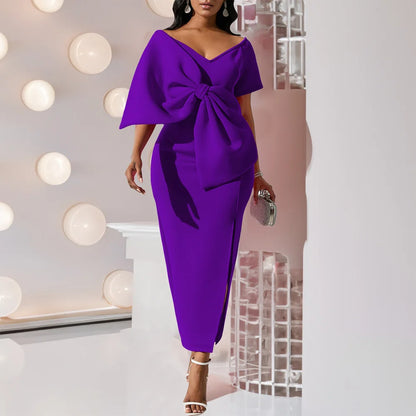 Elegant Party Dresses for Woman 2024 New V Neck Short Sleeve Big Bow Decorate Sheath Side Split Ankle Length Luxury Party Dress