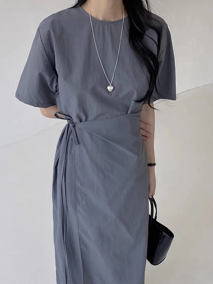 Korean Style Dress For Women Solid Gathered Waist Lace Up Minimalist Versatile Female Dresses 2024 Summer New