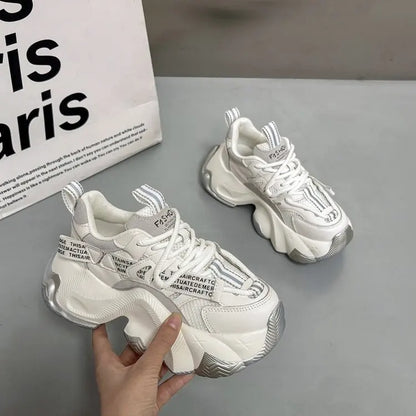 Women's shoes 2025 new lace up sponge cake mesh thick sole dad shoes women's sports and leisure shoes