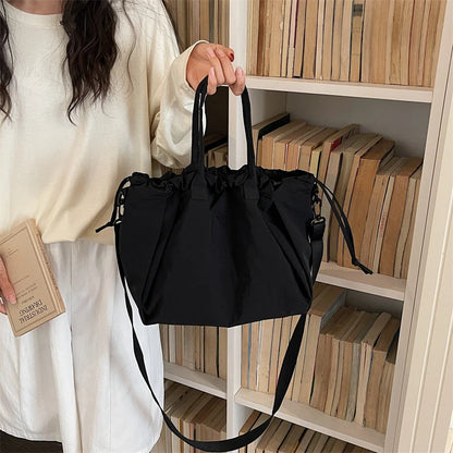 Big Drawstring Bucket Shoulder Bags For Women Nylon Fabric Lightweight Large Capacity Shopper Totes Pure Color Practical Handbag