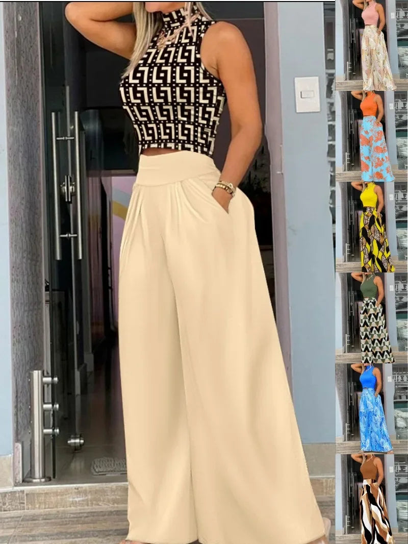 2025 Women's Pants 2 Piece Set  Loose Wide Leg Pants Overall High Waist Sleeveless Printed Fashion Casual pants sets