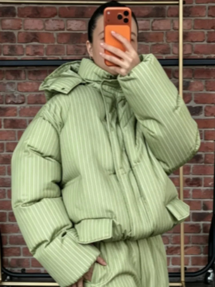 Women Winter Matching Set Multi Color Options Vertical Stripe Hooded Cropped Puffer Jacket Baggy Wide Leg Pants Warm Outfit Sets
