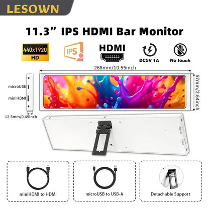 LESOWN 11.3'' Portable Auxiliary Monitor Stretched Display 440x1920 Ultra Slim Bar Screen for Laptop PC Ps Pr Additional Monitor