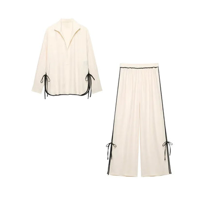 Women's Two Piece Set, Lapel V Neck Blouse with Tie Cuffs and Wide Leg Pants, Casual Trim Detail Outfit