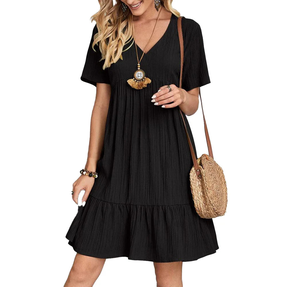 Robe plissée ample à col en V et manches courtes pour femme, Robe de soirée unie tendance été FYY-894