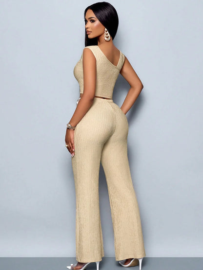 Women's 2-Piece Casual Set: Stylish Sleeveless Cropped Top with Metal Buckle Detail and Long, Loose Wide-Leg Pants