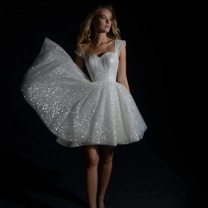 Mini Wedding Dresses For Women Sparkling Tulle A-line Vestidos De Novia Princesa Sweetheart Off Shoulder Bride Party