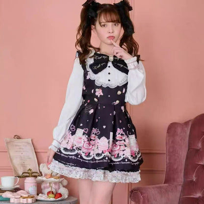 Ensemble robe à nœud en strass style Kawaii japonais pour femme, robe chemise mignonne style Lolita, dentelle, imprimé perle, robe de soirée gothique Y2k