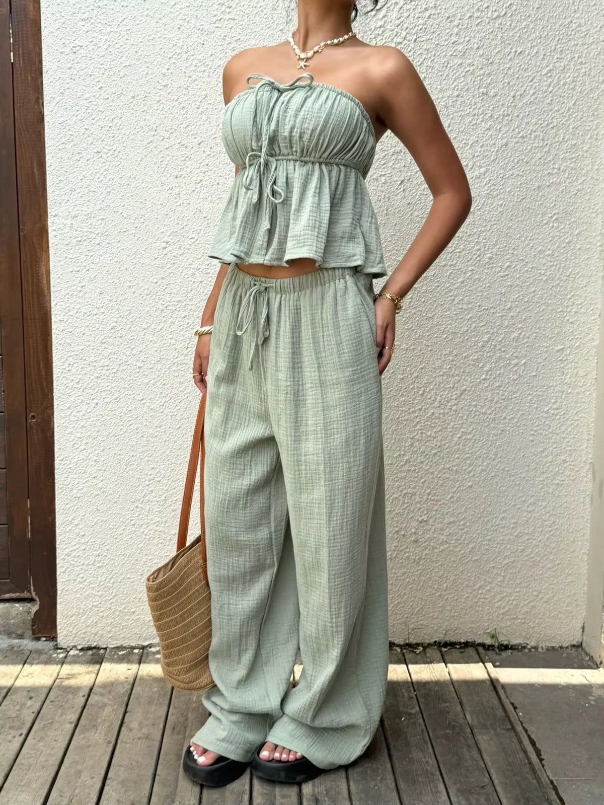 2 Piece Sets Woman Outfits, New Women's Casual Two-Piece Lace Up Top and Pants