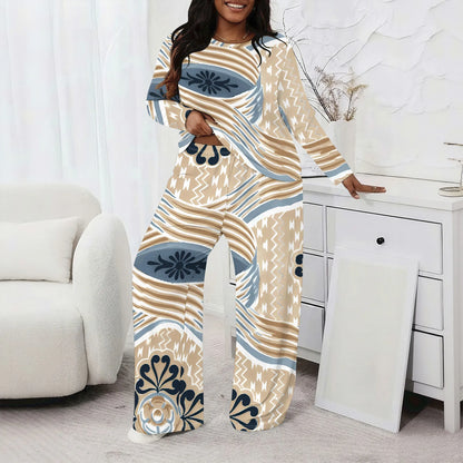Plus size Women two-piece set with 3D geometric print casual loose round neck long sleeved two-piece set (pocket)