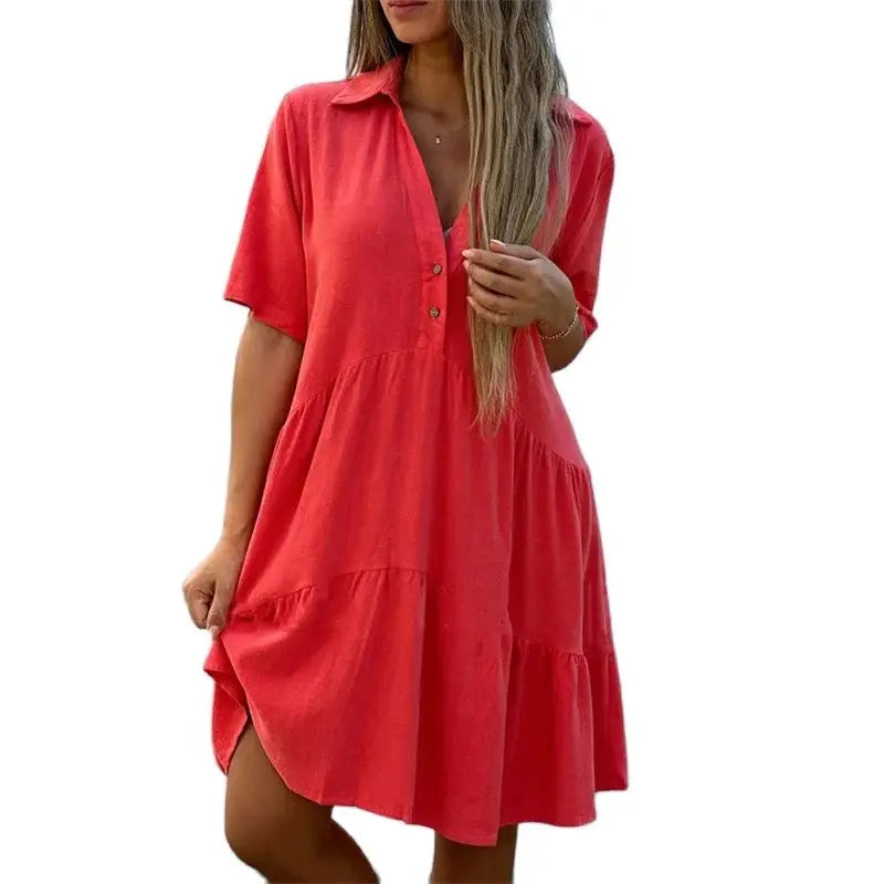 Robes en coton et lin de couleur unie pour femmes, robe patchwork à revers et boutons, robe d'été décontractée, taille haute, manches courtes, tenue féminine.