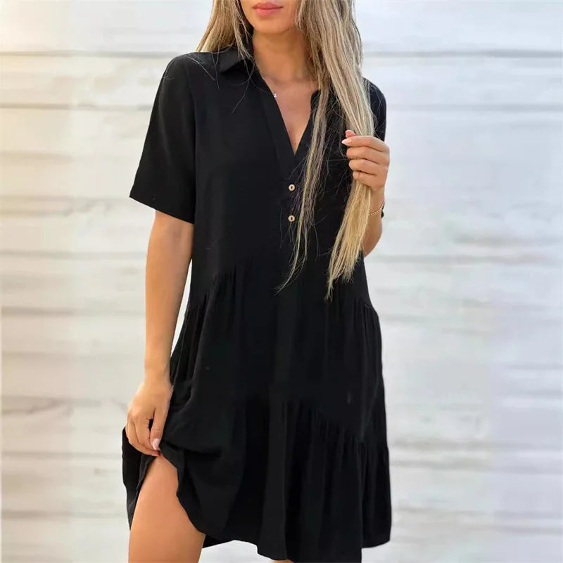Robes en coton et lin de couleur unie pour femmes, robe patchwork à revers et boutons, robe d'été décontractée, taille haute, manches courtes, tenue féminine.