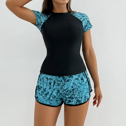 Sports Swimsuit for Women 2 Piece Swimsuit High Waist Tankini Short Sleeve Round Neck Patchwork Bikini Set Swimwear 2025 New