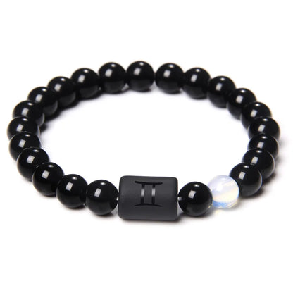 12 Constellation Zodiac Signs Beads Couples Bracelet Natural Black Onyx Stone Elastic Charm Bracelet for Women Men Birthday Gift