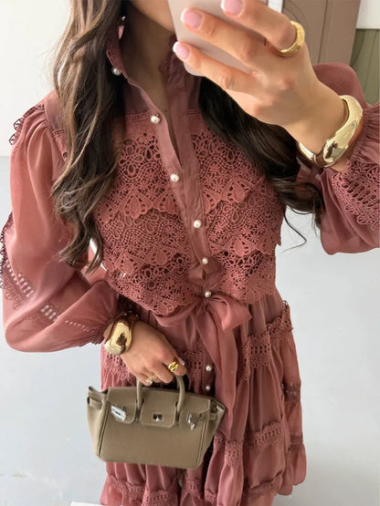Robes longues évidées pour femmes, manches lanternes, laçage, perles, boutonnage simple, Vestidos, printemps, couleur unie, robe élégante 2026