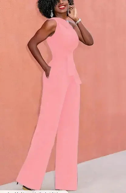 Combinaison Femme Unie Col Asymétrique Crop Top Pantalon Droit Ceinture Sexy Sans Manches Pantalon Ample Élégant Charmant Combinaison 2024