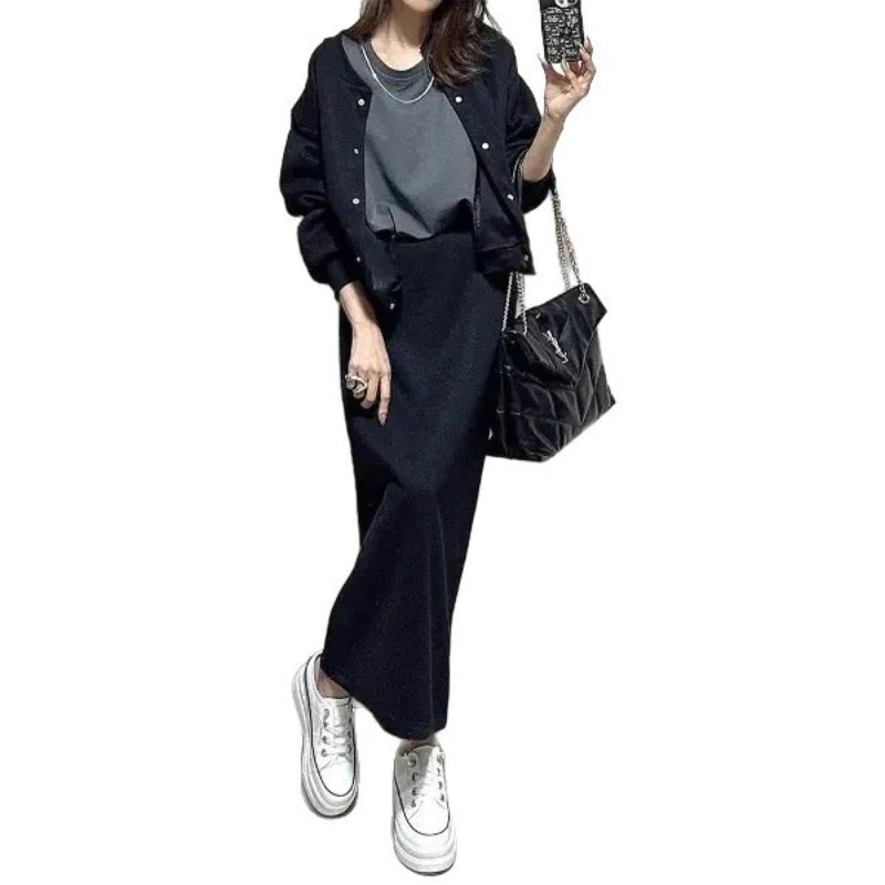 Women Two Piece Sets Skirt Set Full Sleeve Ribbed Neck Tops Plain Skirts A Line Elastic Waist Y2k Streetwear Elegant Work Spring