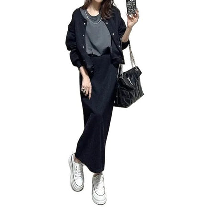 Women Two Piece Sets Skirt Set Full Sleeve Ribbed Neck Tops Plain Skirts A Line Elastic Waist Y2k Streetwear Elegant Work Spring