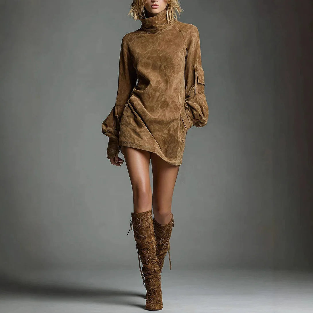 American Retro Fashion Women Dress Suede Business Casual High Collar Long Sleeve Pocket Casual Midi Dresses Streewear Dress