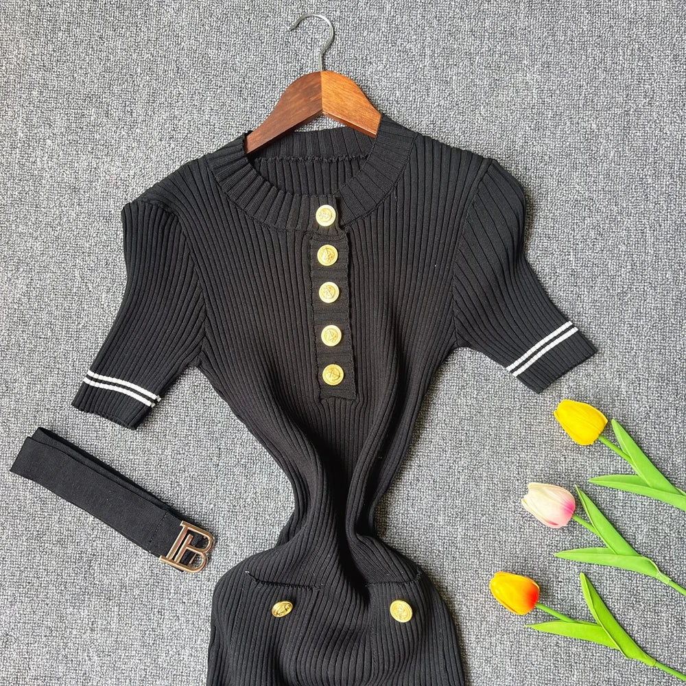 YuooMuoo 2026 Autumn Winter Women Knitted Dress Brand Fashion O-neck Buttons Bodycon Sweater Dress with Belt Lady Office Dress