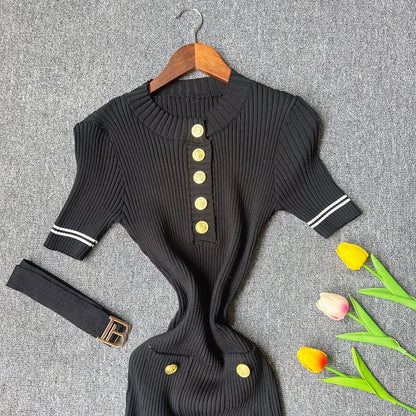 YuooMuoo 2026 Autumn Winter Women Knitted Dress Brand Fashion O-neck Buttons Bodycon Sweater Dress with Belt Lady Office Dress