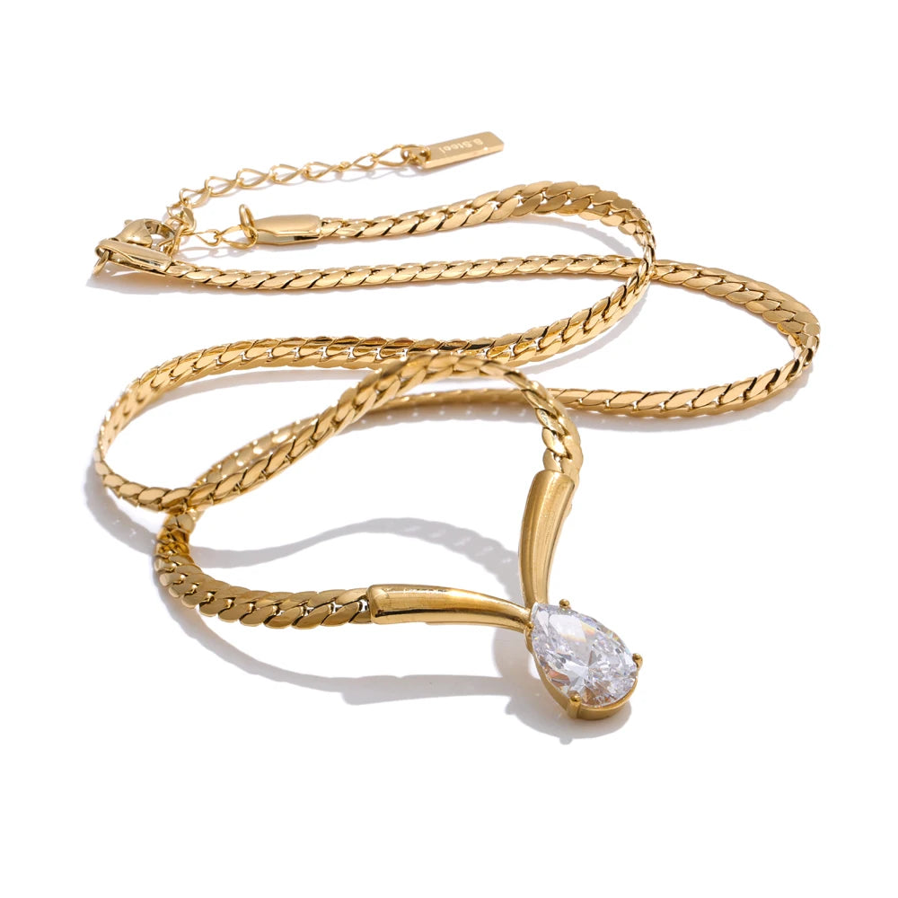 Yhpup Stainless Steel High Quality Polished Chain Cubic Zirconia Statement Necklace Real Gold PVD Plated Fashion Shiny Jewelry