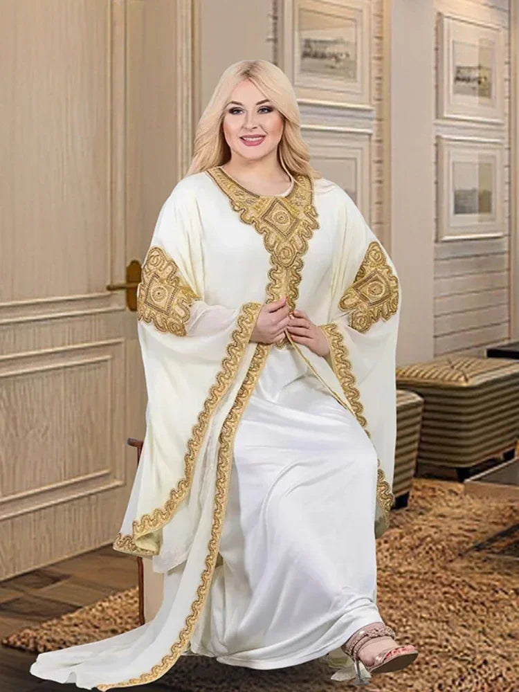 Party Dresses for Women Abaya Muslim Caftan 2 Piece Set Eid Flare Sleeves Robe Embroidered Gold Lace Dress Suit Jalabiya Ramadan