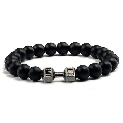 Bracelet en pierre volcanique naturelle pour hommes, perles mates noires, breloque haltère, bracelets à breloques pour femmes, bijoux de fitness