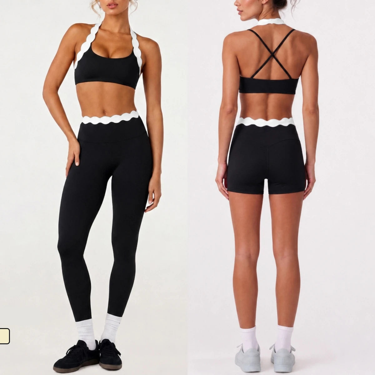 Women 2 Piece Yoga Set Contrast Scalloped Trim Halter Sports Bra Criss‑Cross Back High Waist Leggings Workout Clothes Gym Set