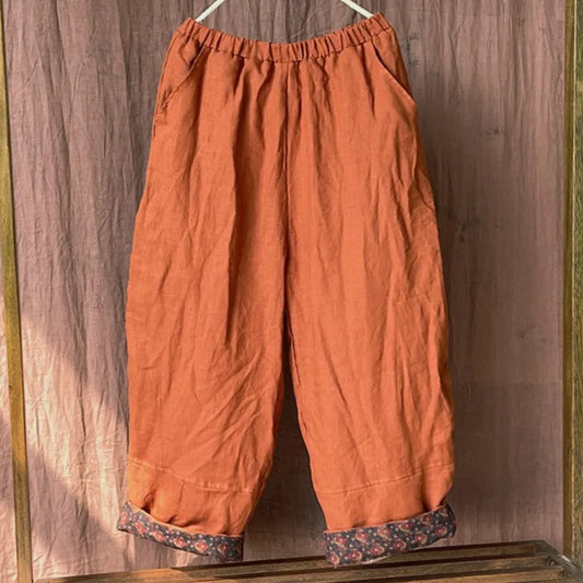Johnature Women Vintage Linen Elastic Waist Pants Plus Cotton Warm Winter Trouser 2025 New Solid Color Pockets Loose Long Pants