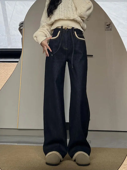 Jean en Denim Doux Bleu Rétro pour Femme, Pantalon Large Hiver Nouveau Style Décontracté, Tendance, avec Cordon et Fermeture Éclair