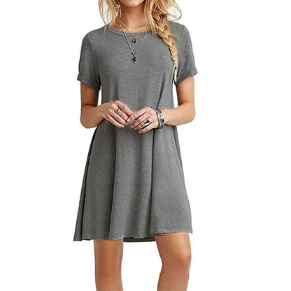Women Mini Dress Summer Casual Boho Beach Dresses Solid Color O-Neck Short Sleeve Party A-Line Dress Vestidos QT033