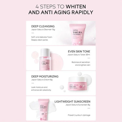 Coffret de soins pour la peau Sakura Nettoyant facial, Sérum, Tonique, Crème solaire, Crème faciale Soin de beauté pour femmes Cadeaux Routine Trousse de voyage