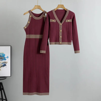 Ensembles de robes de style français pour femmes, taille haute, deux pièces tricotées, pull, robe débardeur et manteaux, mode élégante printemps-automne