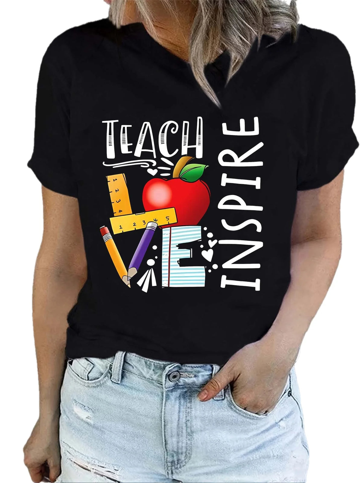 T-shirts à manches courtes imprimé lettres pour enseignante, col rond, haut décontracté pour l'été et le printemps, vêtements pour femmes, design classique, tendance décontractée