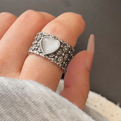 Bagues en argent sterling 925 pour femmes, bijoux fins géométriques, bague ajustable large en forme de cœur avec pierre, pour fête, cadeau d'anniversaire