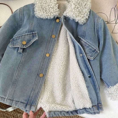 Winter Girls Thick Demin Coats Baby Plus Velvet Warm Outerwear With Belt Kids Princess Designed Long Jackets Children Clothes