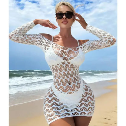 Sexy Mini Dress for Women See Through Lace Long Sleeve Party Night Club Dresses Elegant V Neck Button Slim Vestidos Beachwear