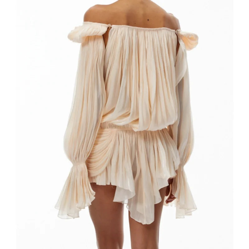 Mini-robe plissée en satin à épaules dénudées pour femmes, manches bouffantes, taille cintrée, jupe de soirée, NOUVEAUTÉ Été 2026