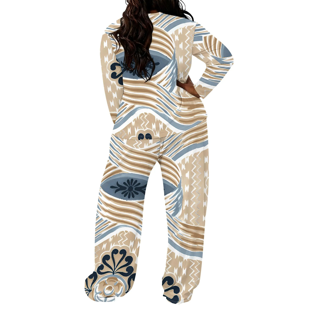 Plus size Women two-piece set with 3D geometric print casual loose round neck long sleeved two-piece set (pocket)