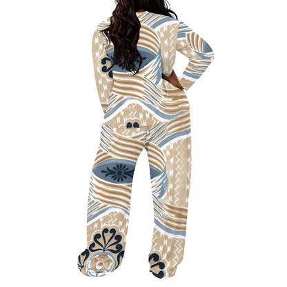Plus size Women two-piece set with 3D geometric print casual loose round neck long sleeved two-piece set (pocket)