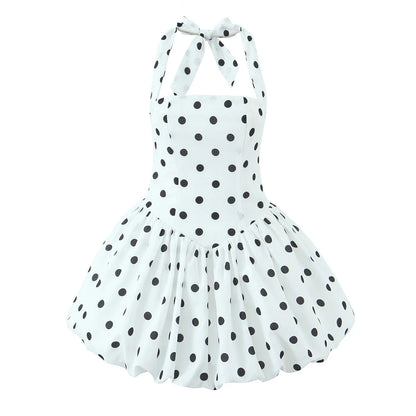 YENKYE Robe de Soirée Blanche à Halter Sexy Dos Nu à Pois pour Femmes, Robe de Bal Élégante à Lacets au Dos, Robe d'Été