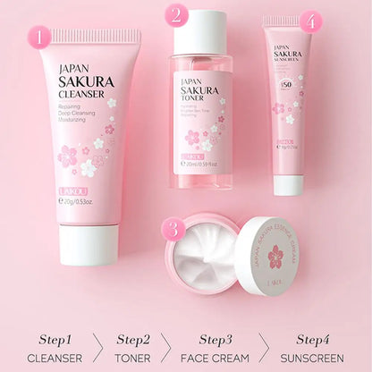 Coffret de soins pour la peau Sakura Nettoyant facial, Sérum, Tonique, Crème solaire, Crème faciale Soin de beauté pour femmes Cadeaux Routine Trousse de voyage