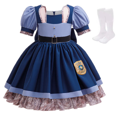 New Movie Crazy Zoo Rabbit Cosplay Costumes For Carnival Children Perform Police Role-play Dress With Socks Girls Birthday Dress