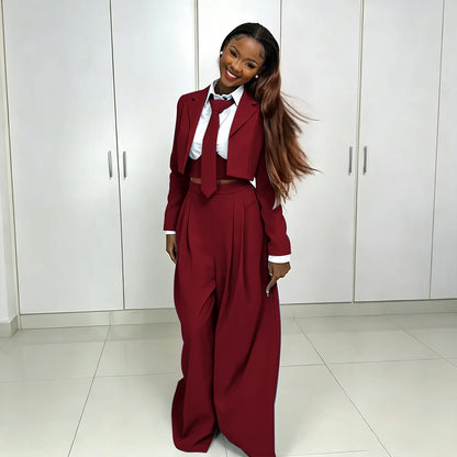 Women's Red Suit Two Piece Set Short Blazer+Wide Leg Pants Elegant Formal Fashion Daily Smart Casual Party Tuxedo Customized